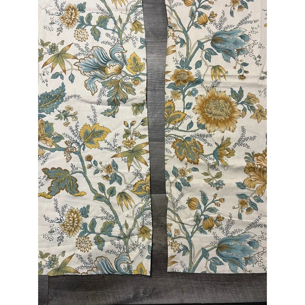 Pottery Barn Floral Linen Blend Lined Curtain Panels 50x84 Yellow Teal 2 Panels